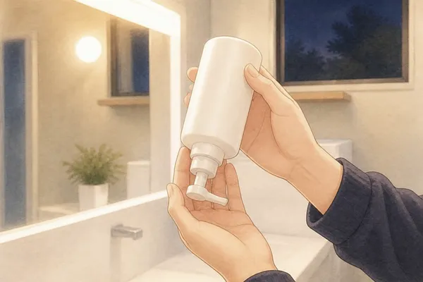 夜の洗面所。ネイビーの長袖の手が、白いポンプのボトルを逆さにして持っている。ボトルの裏には、何も書いていない