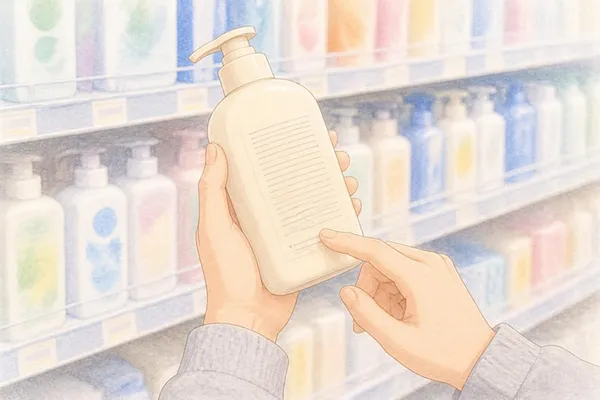 店の棚の前。灰色のスウェットの袖の両手が、クリーム色のボトルを裏返して持ち、裏の欄のいちばん下の小さな行を、人さし指でなぞっている