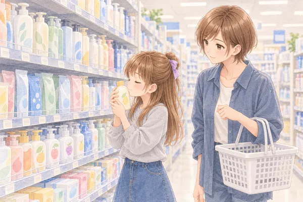 ドラッグストアのボディソープの棚。大きなボトル、詰め替えの袋、泡のボトル、箱の石けんが上から下まで並ぶ。明るい灰色のスウェットのあやめが、果物の絵のボトルを両手で持ち、目を閉じてふたに鼻を近づけている。スレートブルーのシャツのみはるさんが、白いかごを腕にかけて、横から見ている