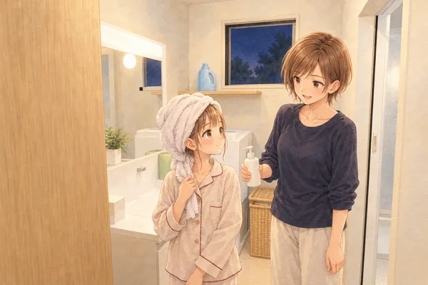 夜の洗面所。髪を白いタオルで包んだ、オートミール色の長袖のパジャマのあやめが、タオルの端を押さえて、みはるさんのほうを見ている。ネイビーの長袖のみはるさんが、ラベルのない白いポンプのボトルを手に、あやめに話しかけている。奥に洗濯機と小さな窓、右に開いた浴室の扉