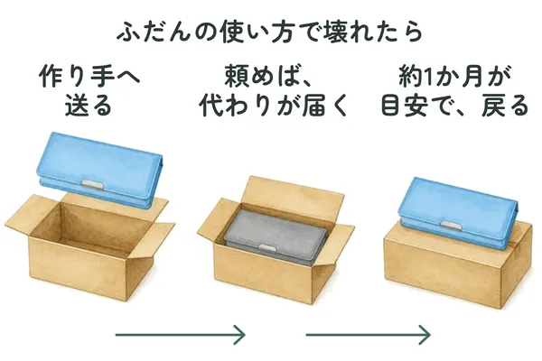 修理の流れの図。左「ふだんの使い方で壊れたら、作り手へ送る」は、水色の筆箱を段ボール箱に入れる所。真ん中「頼めば、代わりが届く」は、段ボール箱の中に灰色の筆箱。右「約1か月が目安で、戻る」は、段ボール箱の上に水色の筆箱。あいだに矢印