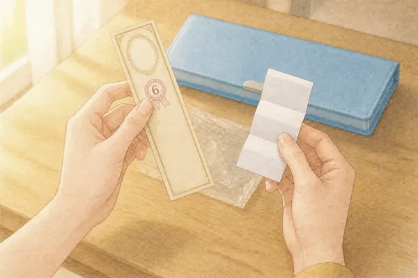 夕方のテーブルの前。大人の片手が、細長いベージュの包みの帯を持ち、もう片方の手が、小さく折った白いレシートを持っている。帯には、6の数字の入った小さな丸い印。奥に、閉じた水色の筆箱