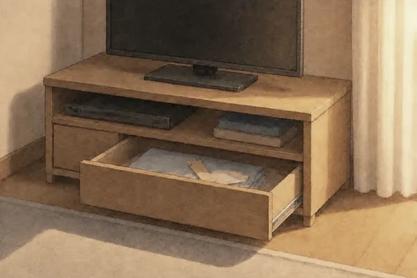 リビングの木のテレビ台。開けた引き出しに取扱説明書が重ねてあり、その上に、細長いベージュの包みの帯と、白いレシートが入っている。右に窓の白いカーテン