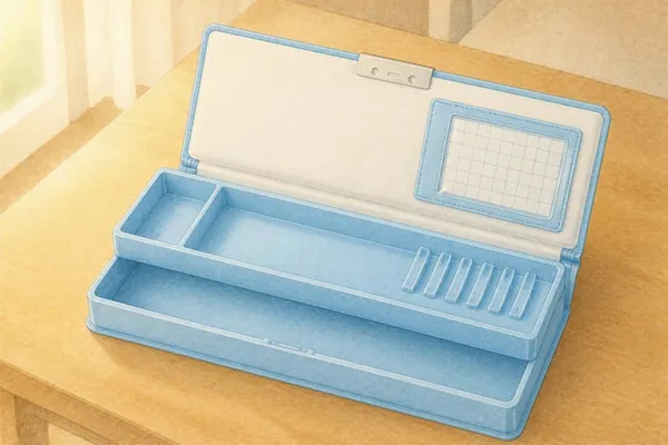 テーブルの上で、水色の筆箱のふたを開けた所。ふたの内側は白で、時間割を入れる透明のポケット。中は上と下の2段で、上の段に鉛筆を差すホルダーが6本並んでいる。中はまだ空