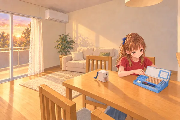 夕方のリビングダイニング。左の掃き出し窓から夕日が差し、奥にソファと観葉植物。テーブルの向こうの席で、赤いTシャツのあやめが、開いた水色の筆箱のホルダーに、削った鉛筆を戻している。ふたの内側に時間割のポケット。テーブルの上に、手で回す鉛筆削り。削りかすは、削り器の透明な受けの中