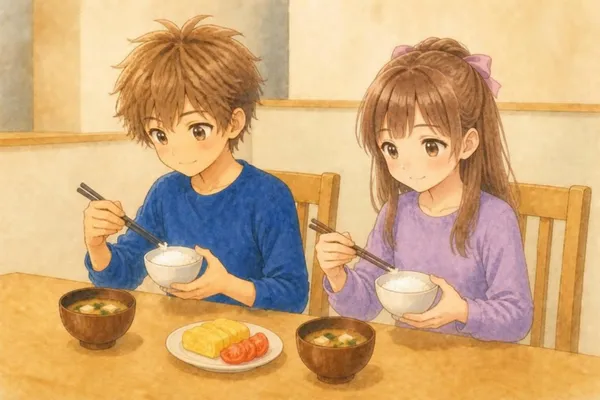 平日の朝のダイニングテーブル。青い長袖のかえでと、ラベンダーの長袖のあやめが並んで、ご飯茶碗と箸を持って朝ごはんを食べている。手前にみそ汁、卵焼きとトマトの皿