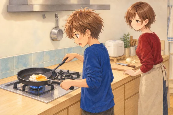 夕方のキッチン。コンロの前でかえでがフライ返しを差し込み、フライパンの目玉焼きの黄身が崩れている。横で、まな板の前に立ったみはるさんが、かえでを見ている
