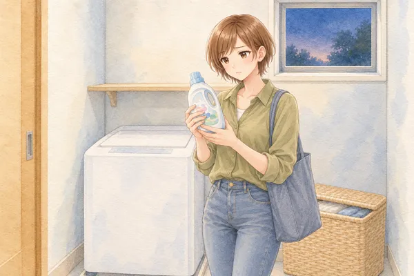 夕方の洗面所。帰ったばかりのみはるさんが、買ってきた洗剤を棚に置く手前で止まり、ラベルを見つめている
