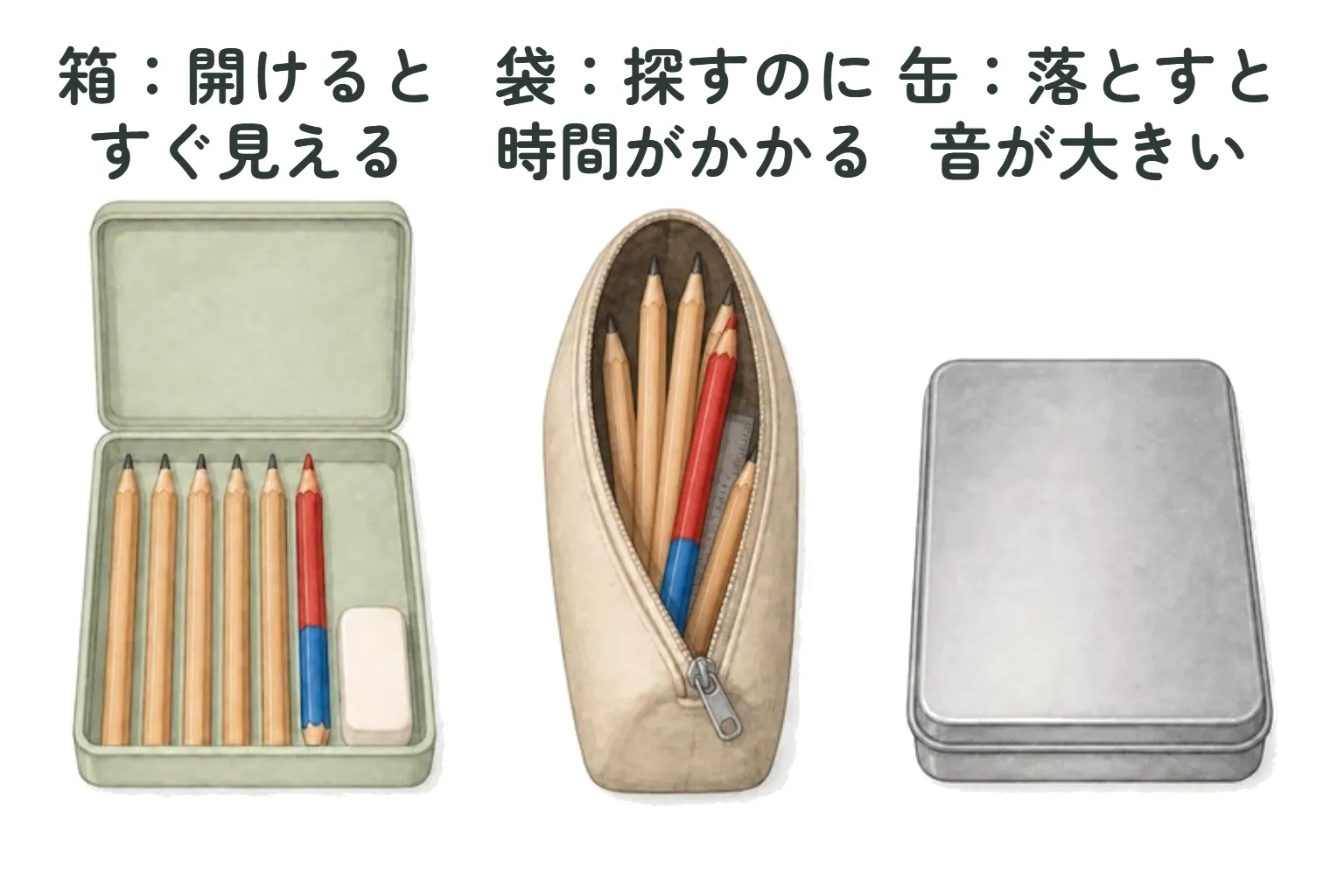 3つの筆箱の図。左は、ふたを開けた淡い緑の箱の筆箱で、鉛筆と消しゴムが並んで見える。「箱：開けるとすぐ見える」。真ん中は、ファスナーの布の袋で、ペンや鉛筆が重なっている。「袋：探すのに時間がかかる」。右は、閉じた銀色の缶。「缶：落とすと音が大きい」