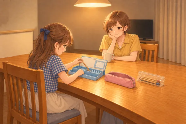 夜のダイニング。吊り下げの灯りの下のテーブルで、ギンガムチェックのブラウスのあやめが、話しながら水色の筆箱に鉛筆を移している。横に、空になったピンクの筆箱。テーブルの向かいの席で、からし色のブラウスのみはるさんが、頬杖をついてあやめを見ている。左の奥に台所のカウンター、右の奥にテレビと閉めたカーテン