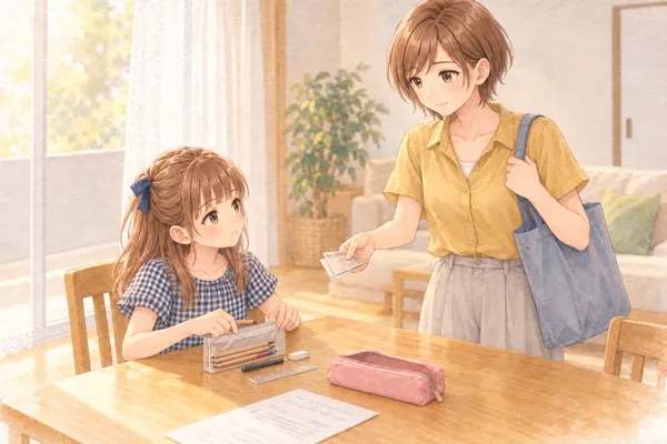 夏の午後のリビング。テーブルで、ギンガムチェックのブラウスのあやめが、鉛筆を透明の袋に入れながら顔を上げている。横に、空になったピンクの筆箱。からし色のブラウスのみはるさんが、肩にトートバッグを掛けて立ち、折ったお札を差し出している
