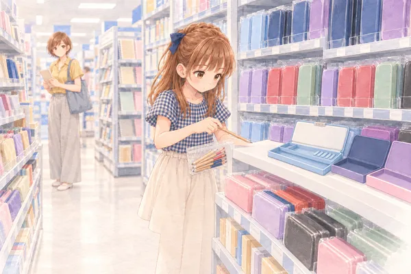 ショッピングセンターの文具売り場。手前で、ギンガムチェックのブラウスのあやめが、棚の端の水色の見本の筆箱のふたを開けて、鉛筆を入れてみている。棚には、袋に入った箱の筆箱が色ごとに並ぶ。奥の通路に、ノートを持ったみはるさんが小さく立って、あやめを見ている