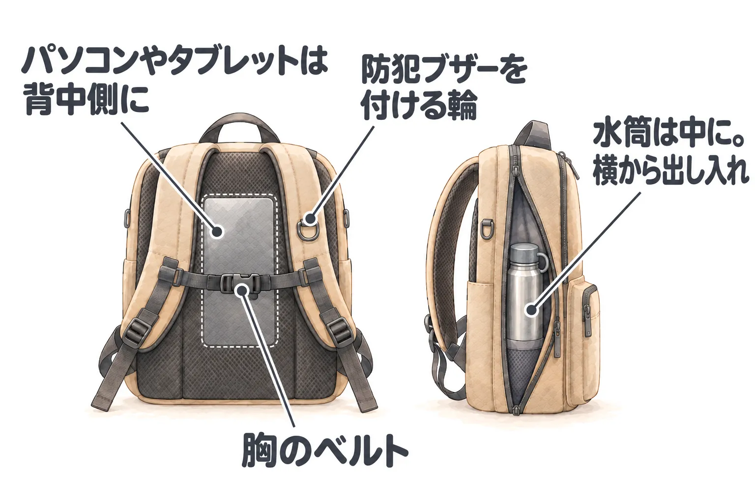 薄いベージュのリュックの説明の絵。左は背中側で、2 本の肩ベルトを胸のベルトがつなぎ、点線のタブレットが背中側に入る。横に防犯ブザーを付ける輪。右は横から見たところで、横のファスナーを開けると、中のホルダーに水筒が立っている