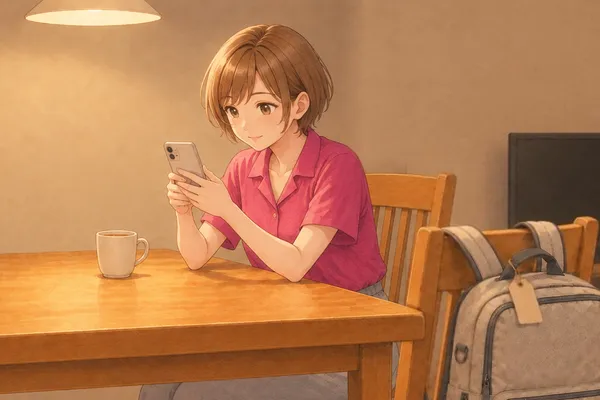 夜のダイニング。テーブルの上の灯りの下で、ラズベリー色のブラウスのみはるさんが、両手でスマホを持って読んでいる。隣の椅子の背に、札の付いた薄いベージュのリュックが掛かったまま
