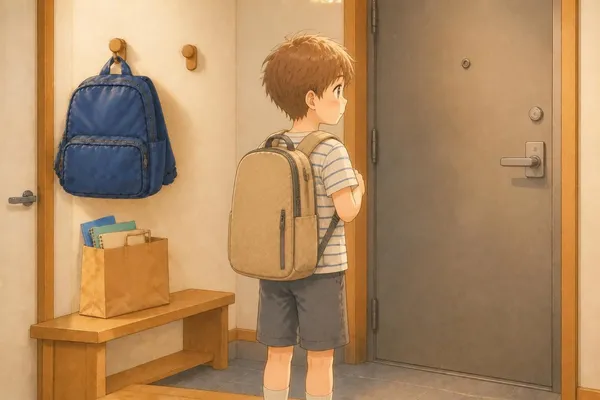 始業日の朝の玄関。生成りに紺のボーダーの T シャツのかえでが、薄いベージュの四角いリュックを背負って、閉まった扉の前に立っている。リュックの上の端は肩の少し下、下の端は腰の高さ。壁のフックには前の紺のリュック、ベンチには紙袋
