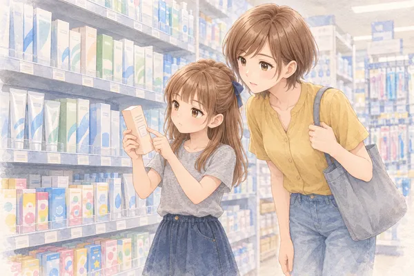 ドラッグストアの歯みがき粉の棚の前。灰色の半袖Tシャツのあやめが、淡い桃色の箱を片手に持って裏返し、もう片方の指で裏の欄をなぞっている。からし色の半袖ブラウスのみはるさんが、横から少しかがんで、同じ箱をのぞいている。手前の低い段に、色の明るい子ども用の箱が並ぶ