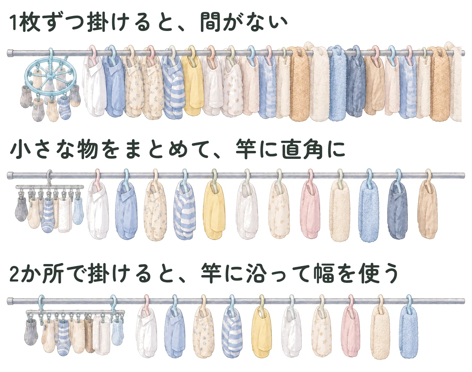 物干し竿を3段、前から見た図。上の段は、小さな丸いピンチハンガーに靴下、ハンガーに服とタオルがすき間なく並ぶ。中の段は、四角いピンチハンガーを竿に直角に掛けて小さな物をまとめ、服の間があいている。下の段は、四角いピンチハンガーを2か所で竿に沿って掛け、そのぶん服の数が少ない