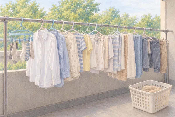 平日の朝のベランダ。1本の物干し竿に、シャツやタオルや子どもの服を掛けたハンガーが、すき間なく並んでいる。プラスチックのハンガーに、針金のハンガーが混ざる。竿の左の端に小さな丸い水色のピンチハンガーと靴下、足元の白い洗濯カゴにタオルが1枚