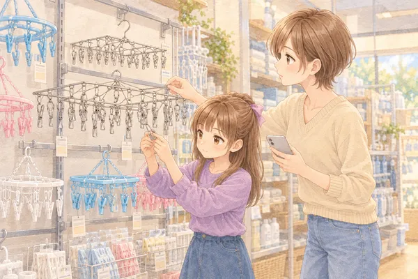 台所や暮らしの道具を置く店の、ピンチハンガーの棚。プラスチックの丸いピンチハンガーと、銀色のステンレスの四角いピンチハンガーが大小並ぶ。ラベンダーの長袖のあやめが、大きいほうのピンチを指で開いて、クリームベージュのニットのみはるさんが、スマホを手に、それを見ている