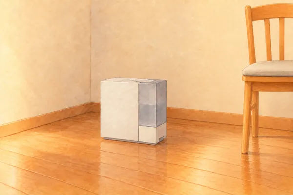 部屋の隅の床に、壁から離して置いた白い四角い加湿器。前の左は細い横の線、右に縦長の半透明のタンク。右に灰色の座布団の木の椅子があり、加湿器の上は座面より低い