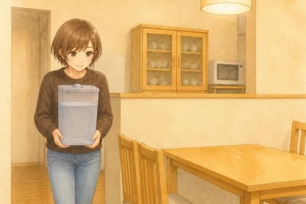 冬の週末の午後。チョコレートブラウンのニットのみはるさんが、水を満たした淡いグレーの半透明のタンクを両手で前に抱えて、台所からダイニングへ歩いてくる