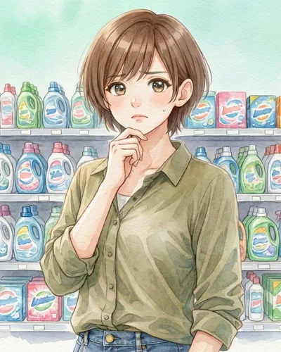 洗剤棚の前で悩むみはるさん