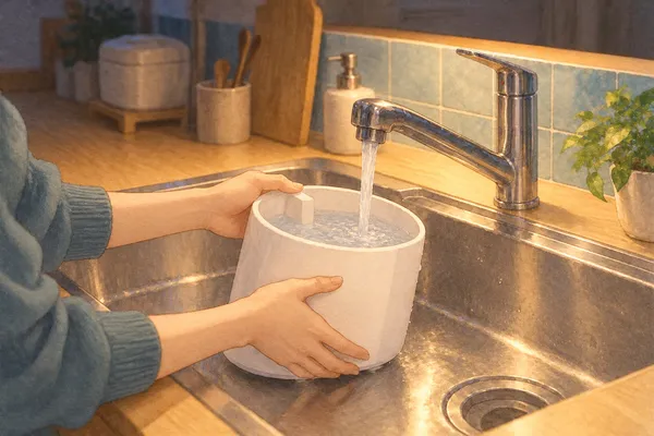 夜の台所。流しの灯りの下で、加湿器のタンクに水を入れている手