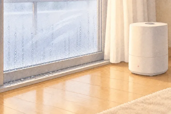 窓の下のほう。ガラスに残る水滴と、そのすぐ横に置いた加湿器