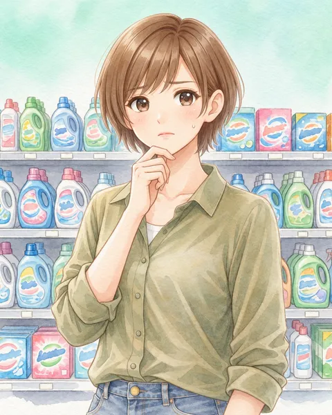 洗剤棚の前で、あごに手を当てて迷うみはるさん