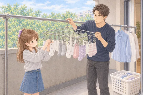 週末の朝のベランダ。紺の長袖のさとるさんが、銀色の四角いピンチハンガーを竿に沿う向きで掛けて、枠を支えている。灰色のスウェットのあやめが、自分の靴下をピンチに留めている。奥に、間をあけて掛けたシャツ。足元に洗濯カゴ