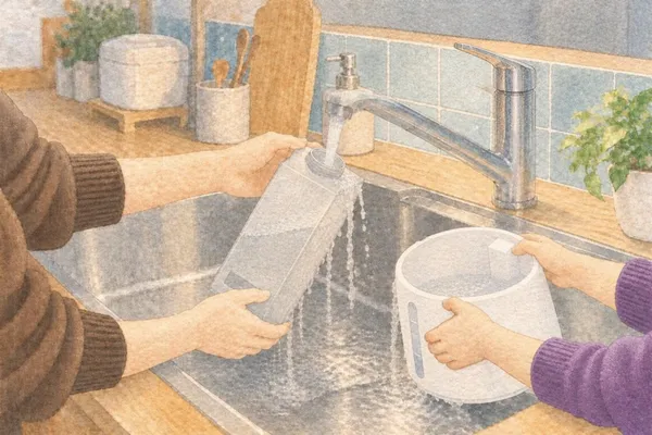 夜の台所の流し。灯りの下で、大人の手が持つ所のある細長い四角のタンクをすすぎ、隣で子どもの手が、横に水の量を見る細い窓のある白い円筒のタンクを洗っている