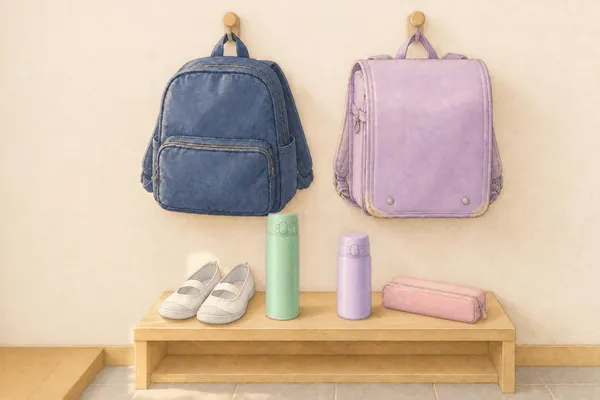 玄関の壁のフックに、紺の通学リュックとラベンダーのランドセル。下のベンチに、上履きと背の高いミントの水筒、それより低いラベンダーの水筒とピンクの筆箱