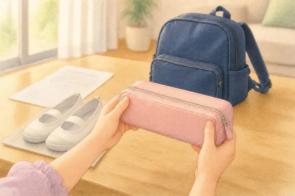 夏の午後のテーブル。ラベンダーの袖の女の子の両手が、閉じたピンクの筆箱を持ち上げている。奥に、新聞紙の上の白い上履き、学校のプリント、紺のリュック