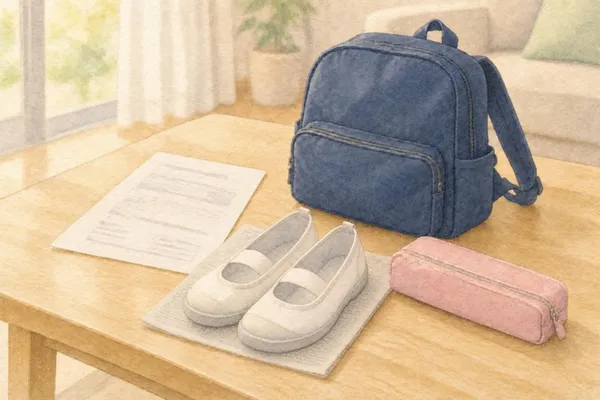夏の午後のリビングのテーブル。学校のプリント、去年の白い上履き、紺の通学リュック、閉じたピンクの筆箱