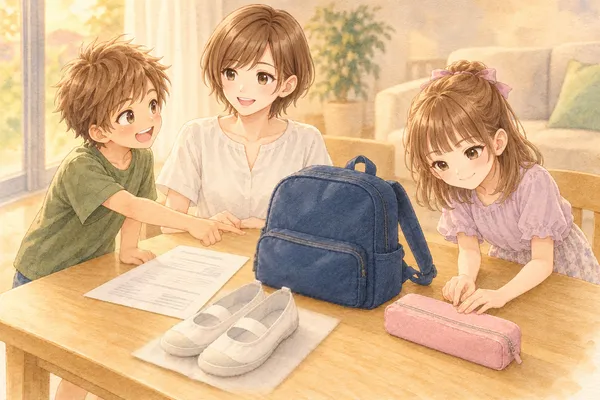 夕方のリビングのテーブルに、みはるさんとかえで、あやめ。かえでは身を乗り出して指さし、あやめはピンクの筆箱に手を置いている