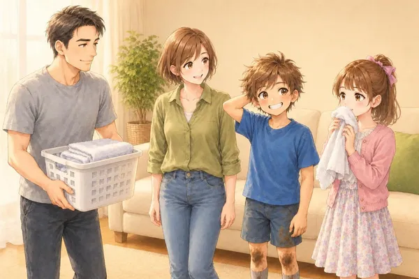 春の週末の午後のリビング。洗濯かごを抱えたさとるさん、膝が泥だらけで笑うかえで、タオルに顔を寄せて香りをかぐあやめ、ふたりを見て笑うみはるさん