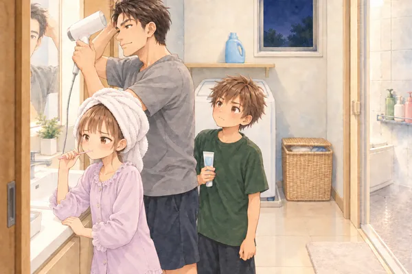 夜の洗面所。鏡の前で髪を乾かすさとるさん、その後ろで洗顔料を持って待つかえで、髪にタオルを巻いて歯をみがくあやめ