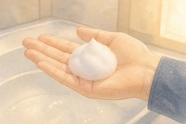 洗面台の上で、上に向けた大人の手のひら。白くこまかい泡が、小さなすもものくらいの山になってのっている。手首に、灰みの青の袖