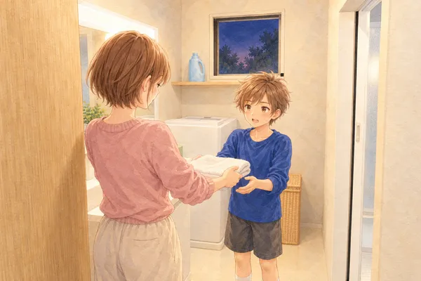 夕方の洗面所。くすんだ桜色の長袖ニットのみはるさんの後ろ姿の肩ごしに、コバルトブルーの練習着と濃い灰色の半ズボンのかえでが、たたんだ白いタオルを受け取ろうと両手を出している。両膝に、乾いた薄い砂色の泥が少し。奥に洗濯機と小さな窓、日が暮れたばかりの濃い青の空