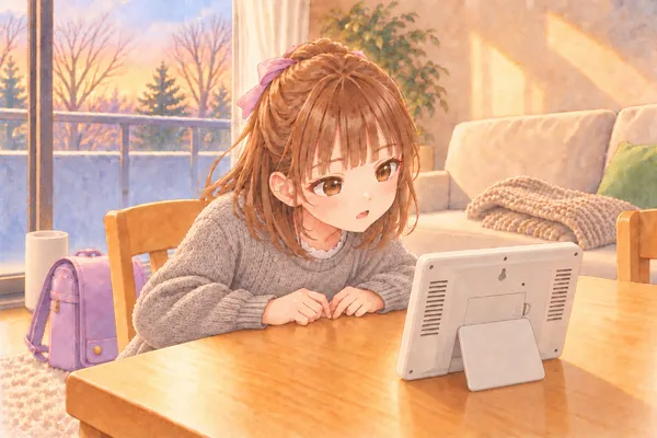 夕方のリビング。学校から帰ったあやめが、テーブルの温湿度計の画面をのぞき込んでいる。後ろにラベンダーのランドセルと、窓際の白い加湿器
