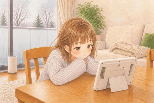 冬の朝のリビング。白とグレーの縞のパジャマのあやめが、袖を手の先まで引いて、テーブルの端の温湿度計の画面に顔を寄せている。左に下のほうが曇った窓と白い円筒の加湿器、奥にクリーム色のソファ