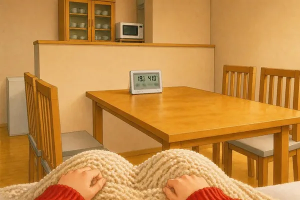 ソファに座ったあやめの目の高さから見たリビング。手前にひざ掛けとトマトレッドの袖の両手。テーブルが奥へ伸び、向こうの端に白い温湿度計がこちらを向いて、画面に19.6℃と41.0%。その奥はカウンターの腰壁と、台所の食器棚
