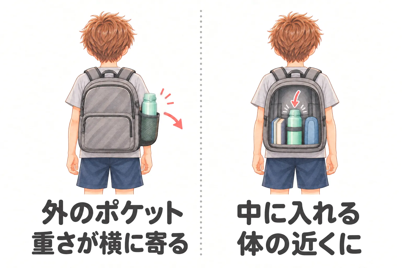 背中から見た男の子を 2 人並べた絵。左は、リュックの横の網のポケットに水筒があり、外に張り出して重さが横に寄る。右は、水筒をリュックの中の真ん中に入れていて、体の近くにある
