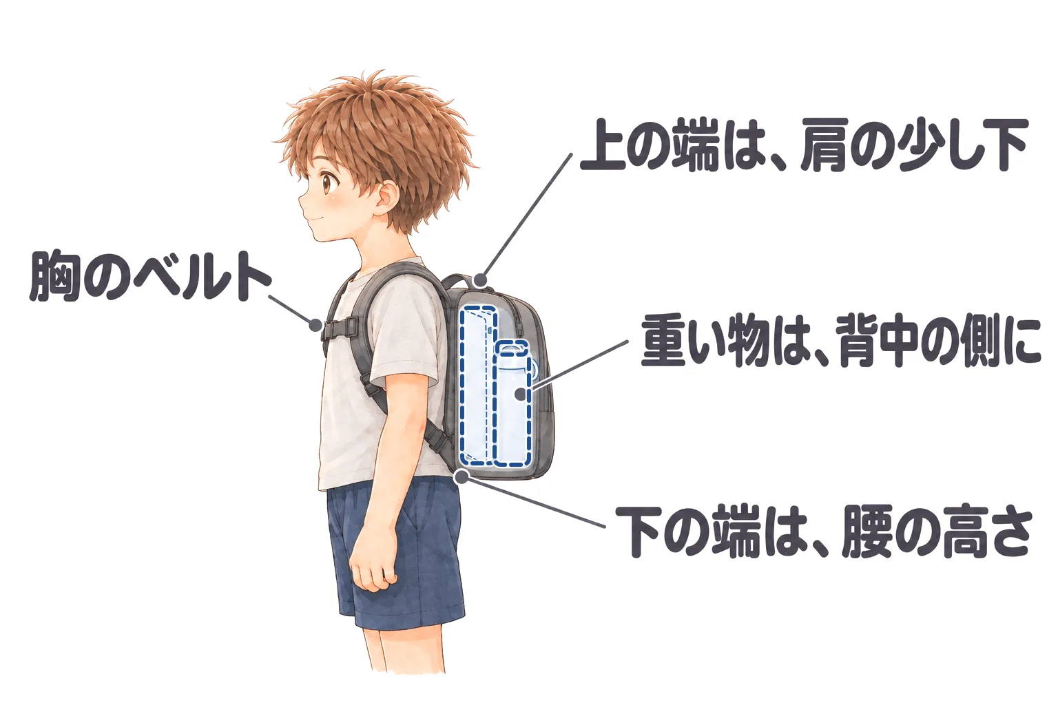 リュックを背負った男の子を横から見た絵。リュックの上の端は肩の少し下、下の端は腰の高さ。胸のベルトを留めていて、タブレットと水筒が背中の側に入っている