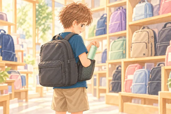 かばんの売り場の通路。青い T シャツのかえでが、灰色のリュックを背負ったまま、横に大きく張り出した網のポケットから、ミントの水筒を抜いている。ふくらんだポケットが、腕のすぐ横にある