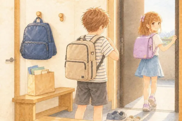 始業日の朝の玄関。壁のフックに、紺のリュックが掛かったまま。隣のフックは空いている。薄いベージュのリュックを背負ったかえでが、肩ベルトに手をかけて玄関に立っている。フックの下のベンチに、夏休みの宿題の紙袋。ラベンダーのランドセルのあやめが、ドアを開けて先に出ながら、振り返っている