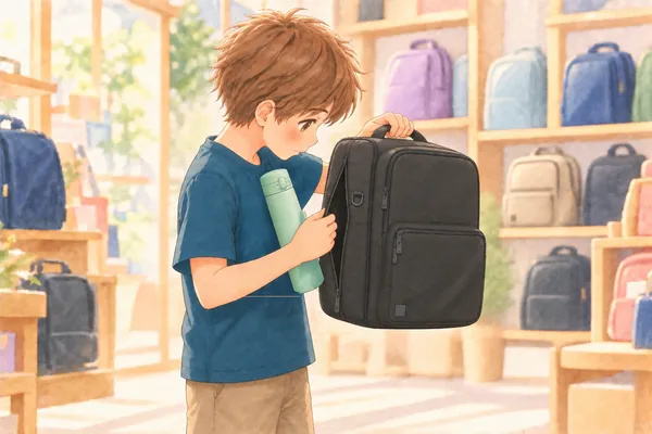 売り場で、かえでが黒い四角いリュックを手に持ち、横の面の縦のファスナーを少し開けて、中をのぞいている。もう片方の手には、空のミントの水筒