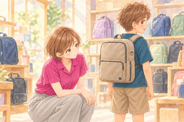 夏の終わりの、かばんの売り場。棚に色とりどりのリュックが並ぶ。青い T シャツのかえでが、薄いベージュの四角いリュックを背負って向こうを向いている。ラズベリー色のブラウスのみはるさんが、しゃがんで、リュックのほうを見ている