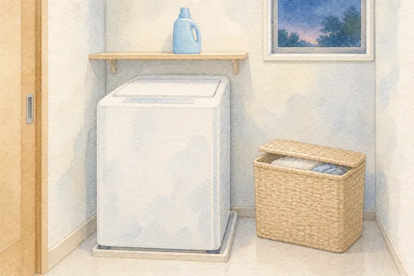 夕方の洗面所。縦型の洗濯機と、棚の上の洗剤のボトル、ふた付きの洗濯かご