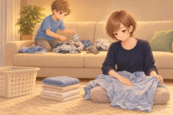 夜のリビング。奥のソファでかえでが洗濯物を家族ごとに分け、手前に座ったみはるさんが、膝の上のシャツのしわを手でのばしている。横に畳んだタオル